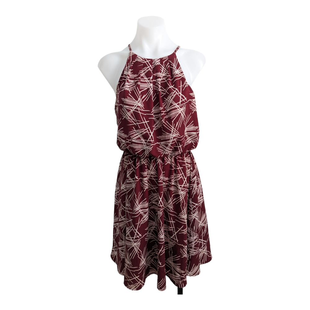 Article Medium Halter Shift Mini Dress Maroon White Abstract Print Sleeveless
